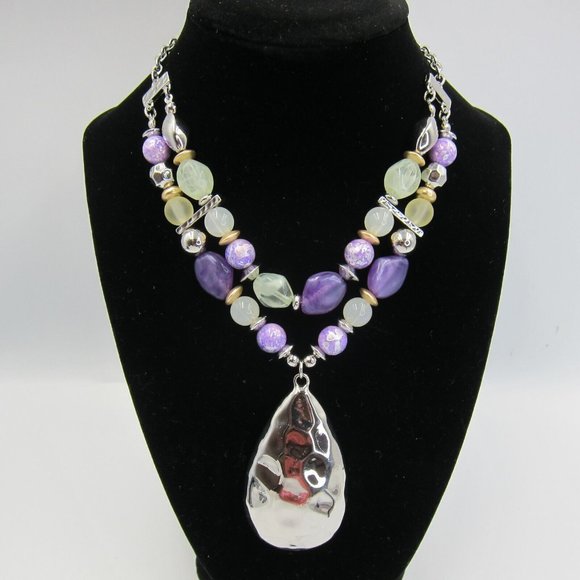 Chico's Jewelry - CHICO'S Teardrop Pendant Necklace Silver Hammered Metal Silver Purple Stone NEW